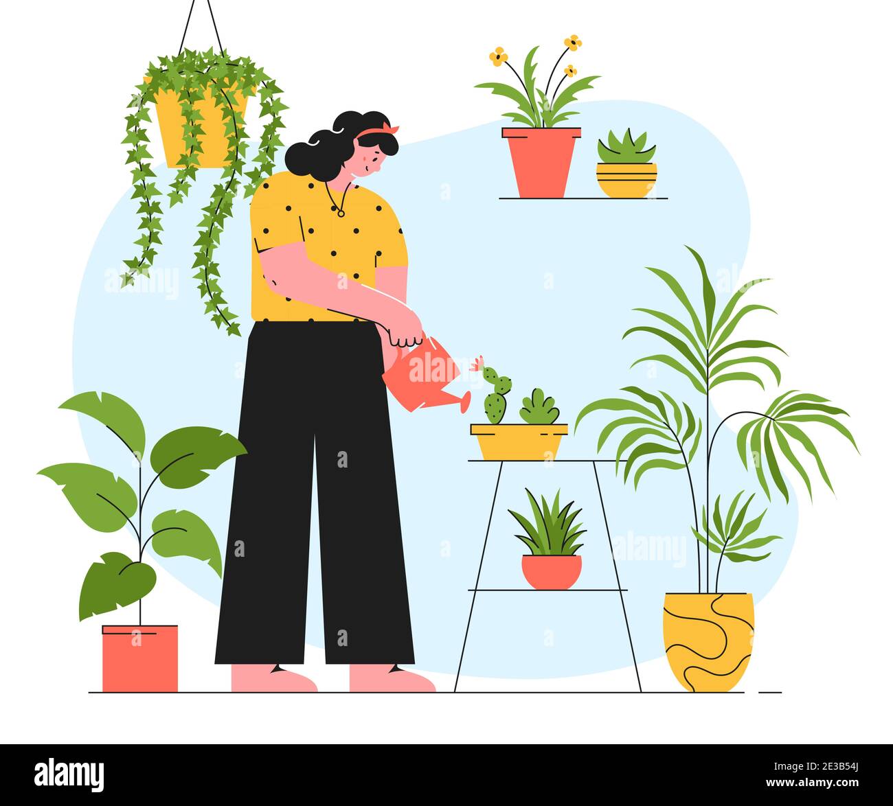 Pflegekonzept für Zimmerpflanzen. Junge Frau ist Bewässerung von Zimmerpflanzen. Vektor-Illustration im trendigen Stil isoliert auf weißem Hintergrund. Stock Vektor