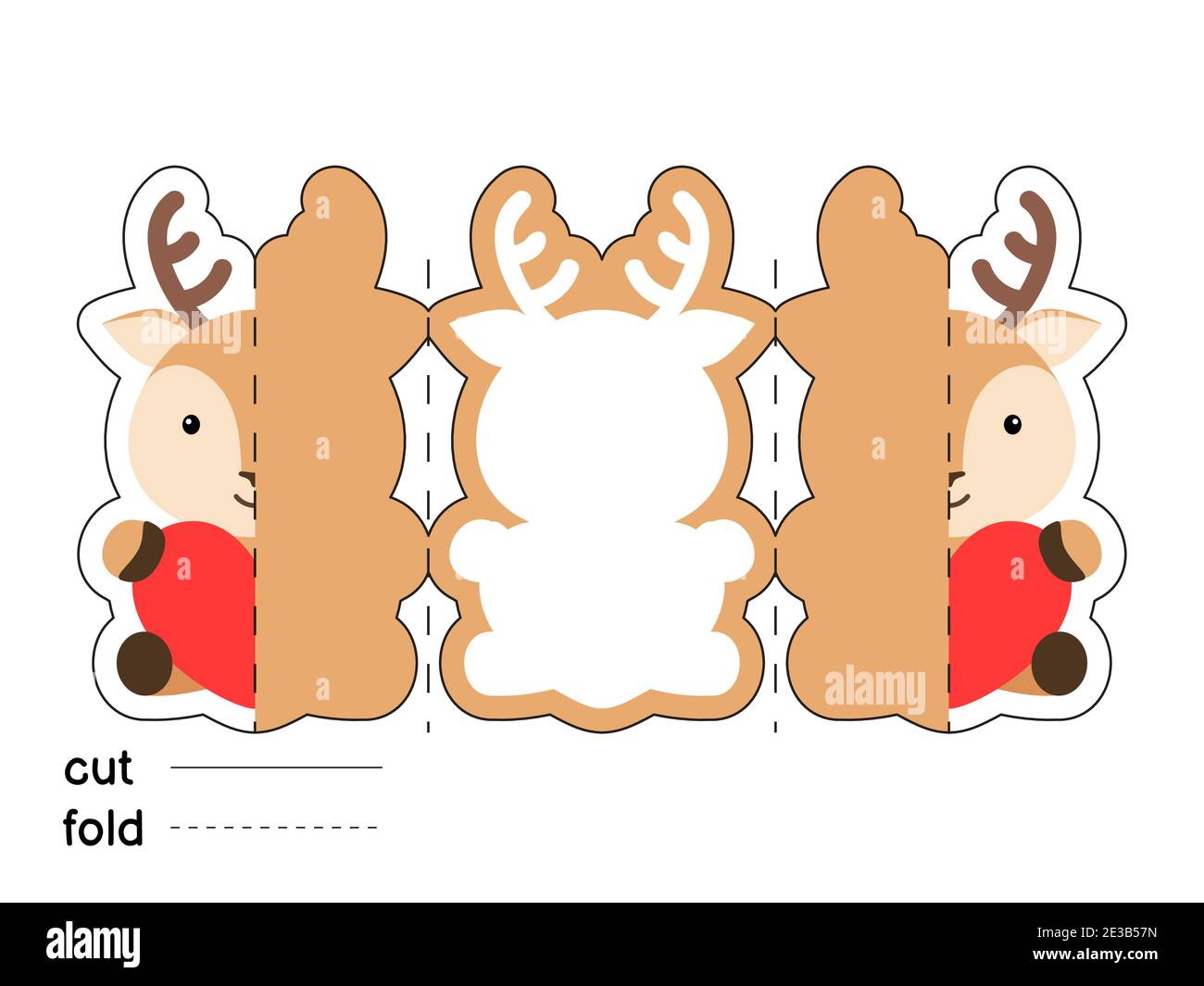 Niedliche Hirsche halten Herz. Falten Sie lange Grußkarte Vorlage. Ideal für St. Valentinstag, Geburtstage, Baby-Duschen. Druckbares Farbschema. Stock Vektor