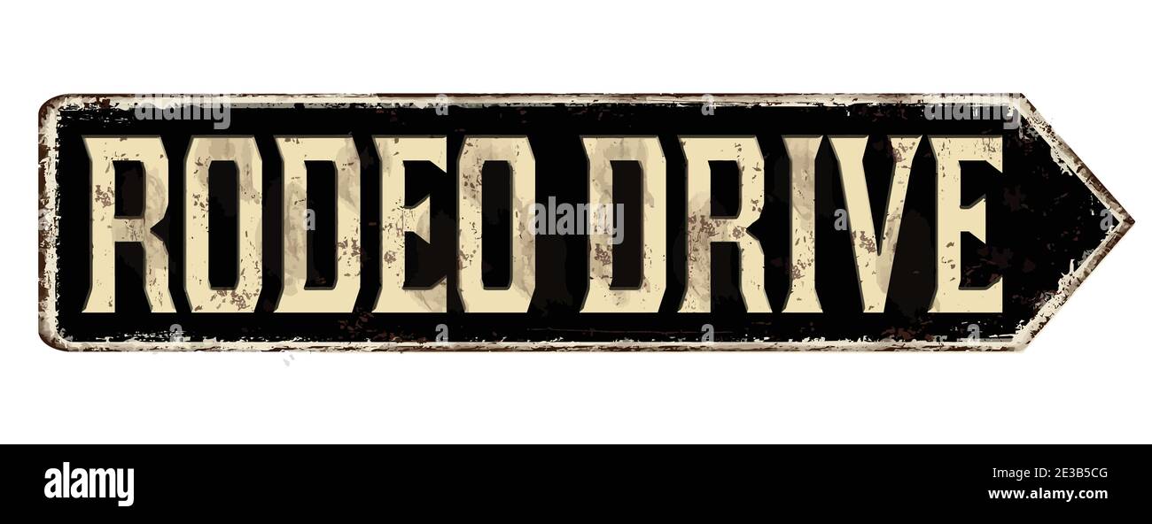 Rodeo Drive vintage rostigen Metall-Zeichen auf einem weißen Hintergrund, Vektor-Illustration Stock Vektor