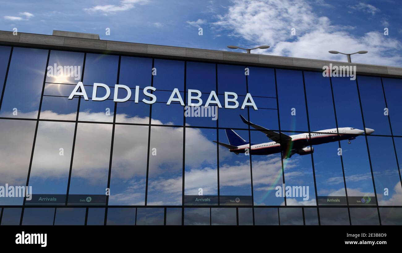 Jet-Flugzeuge landen in Addis Abeba, Äthiopien 3D-Darstellung. Ankunft in der Stadt mit dem Glas Flughafen Terminal und Reflexion der pla Stockfoto
