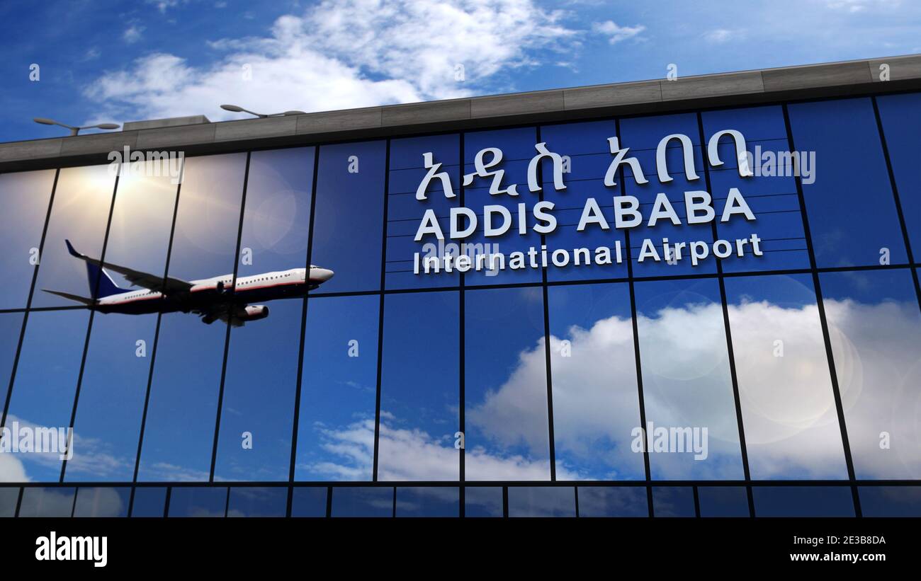 Jet-Flugzeuge landen in Addis Abeba, Äthiopien 3D-Darstellung. Ankunft in der Stadt mit dem Glas Flughafen Terminal und Reflexion der pla Stockfoto