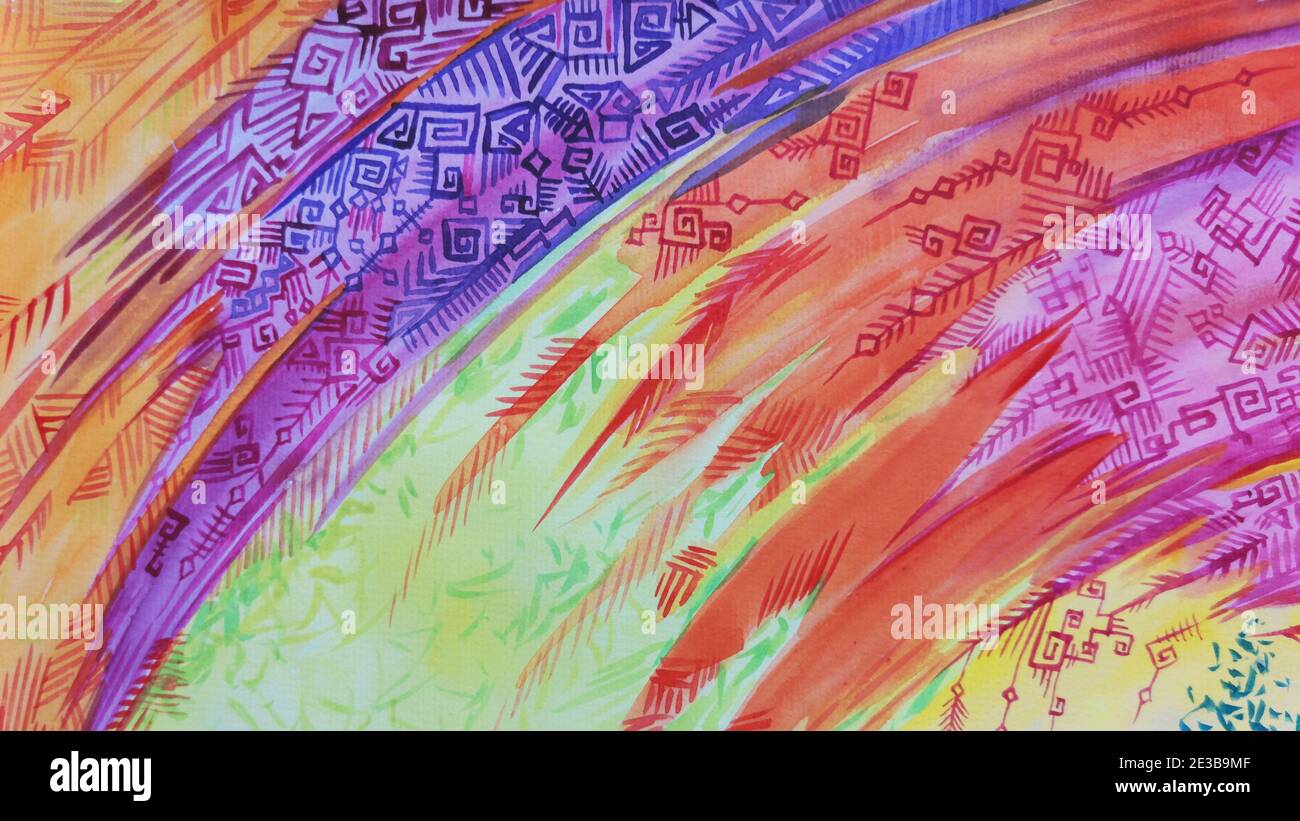 Aquarell Tribal Boho Stil Hintergrund. Textur Pinsel malen Zeichnung. Künstlerische vintage afrikanischen Stoff Design alte Ornament traditionelle helle Farbe Stockfoto