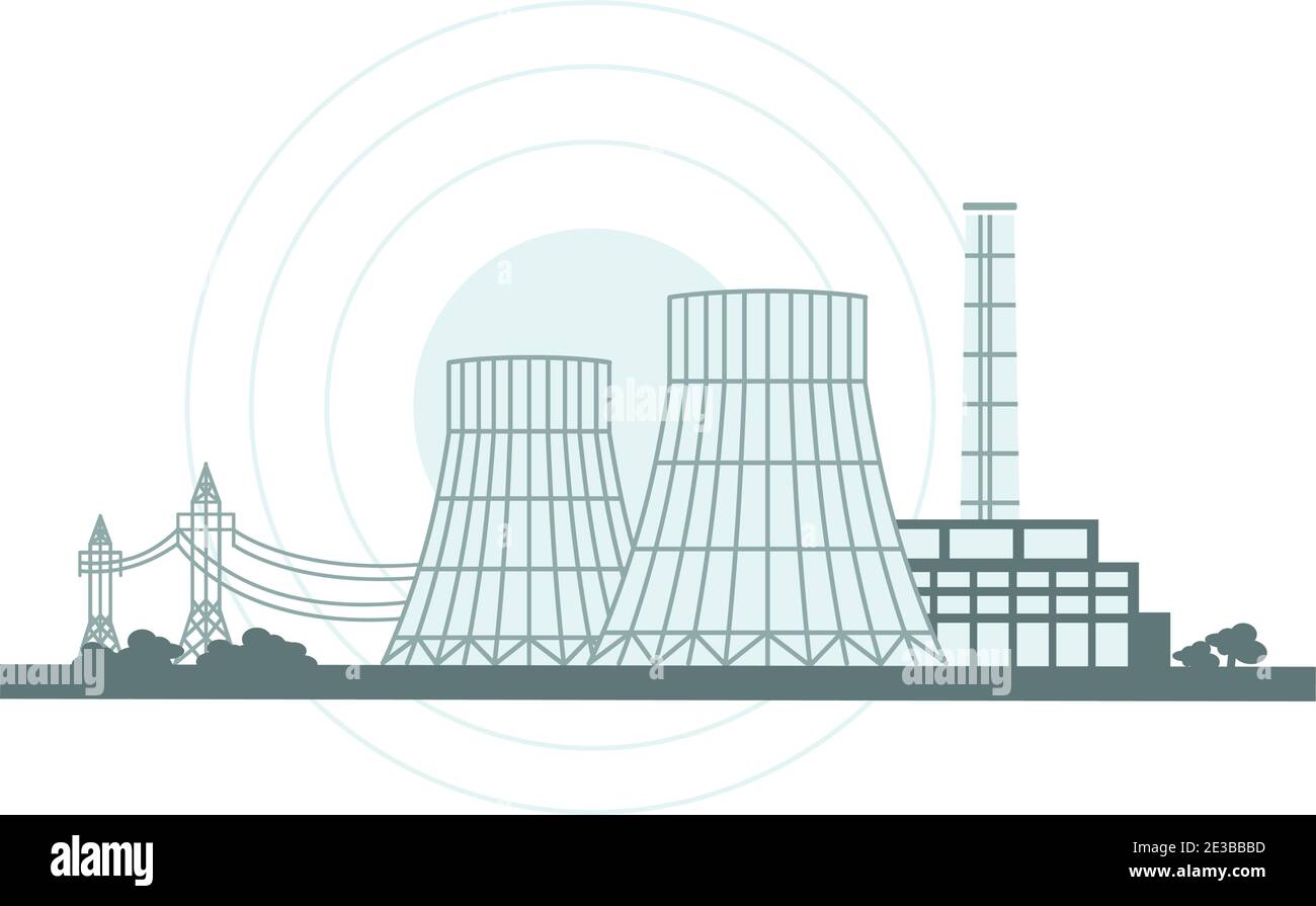 Kühlturm Illustration, Energieerzeugung zur Erzeugung von elektrischer Heizung mit Dampf. Wärmekraftwerk, Kernkraftwerk, Reaktor und Po Stock Vektor