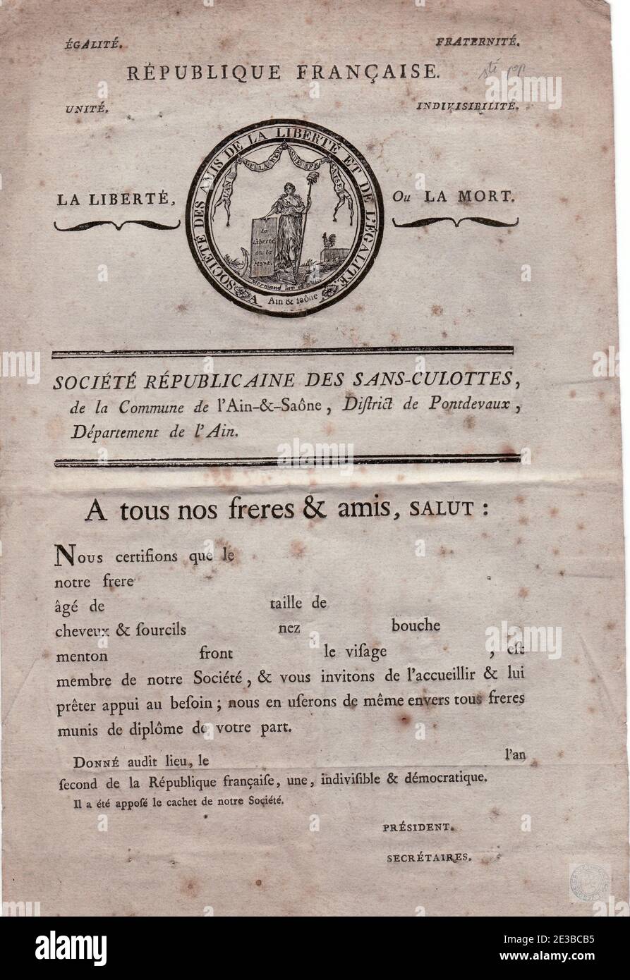 Diplôme de la société des sans-culottes de Saint-Laurent-sur-Saône, Ain Stockfoto