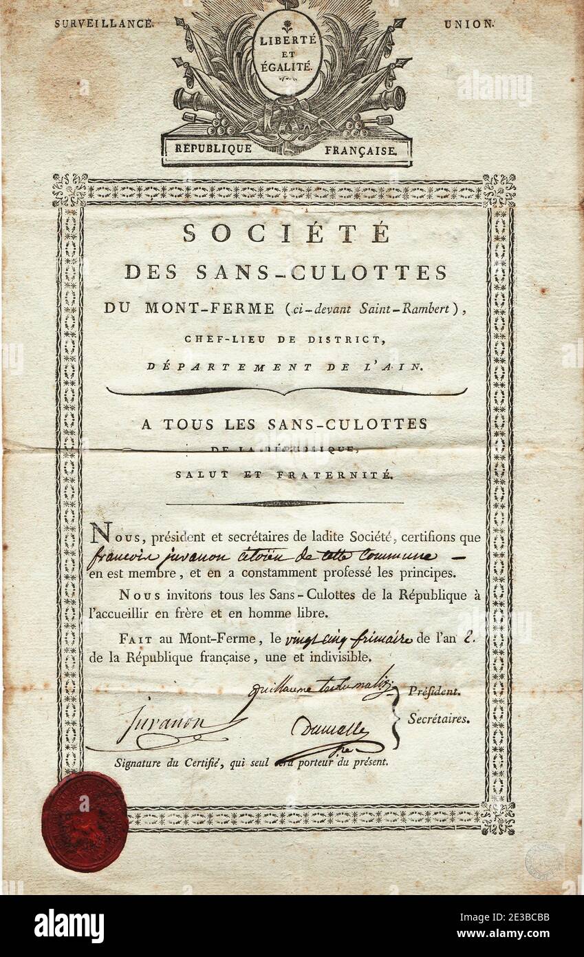 Certificat de la société populaire de Saint-Rambert-en-Bugey en 1794 Stockfoto