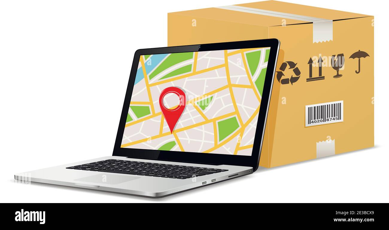 Versand Paket GPS Tracking Auftrag Design. Laptop mit GPS-Karte auf dem Bildschirm und Karton mit Verpackungssymbolen. Stock Vektor