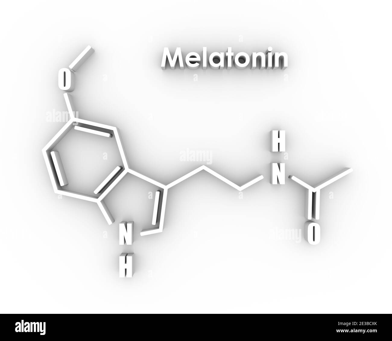 Chemische Summenformel des Melatoninhormons. Beim Menschen spielt es eine Rolle bei der zirkadianen Rhythmussynchronisation. Stilisierte konventionelle Skelettformel. Stockfoto
