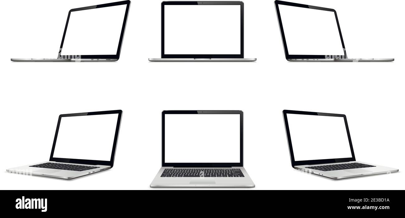 Laptop mit leerem leeren Bildschirm auf weißem Hintergrund. Perspektivische, obere und vordere Laptop-Ansicht mit leerem Bildschirm. Stock Vektor