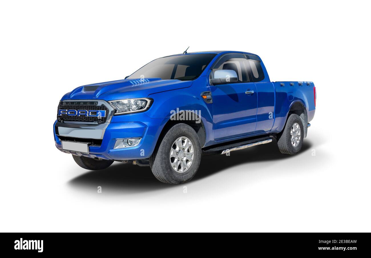 Blauer Pick-up-Truck isoliert auf weißem Hintergrund Stockfoto