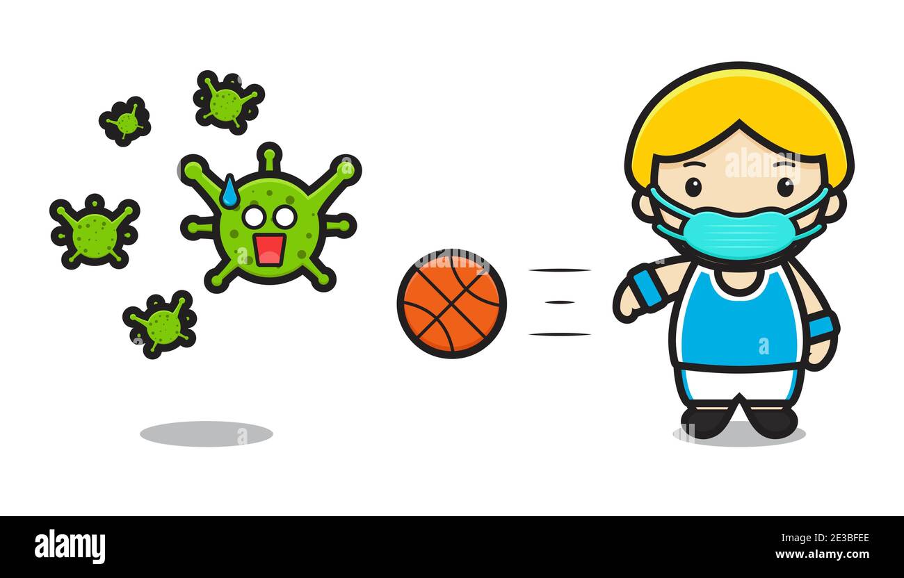 Nette Basketballspieler Kampf gegen Virus Cartoon Vektor-Symbol Illustration. Design isoliert auf Weiß. Flacher Cartoon-Stil. Stockfoto