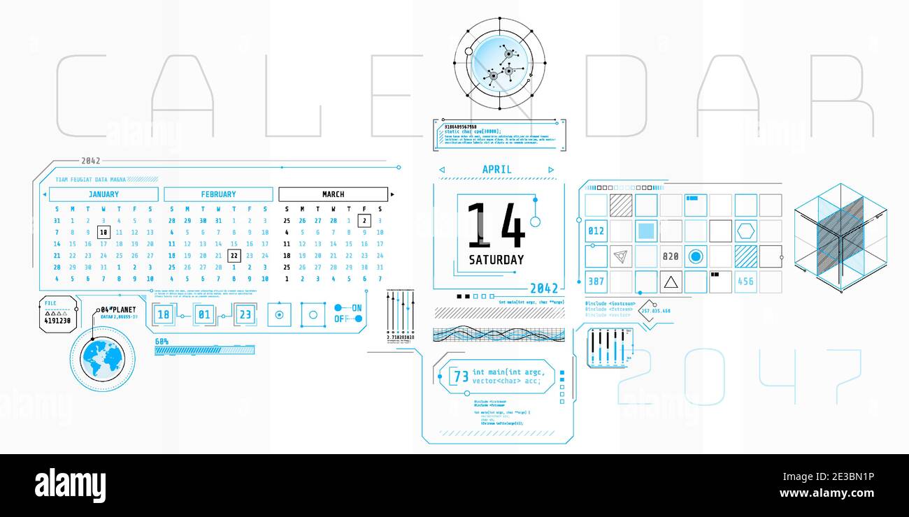 Zusammensetzung der Computer-HUD-Schnittstelle mit Kalender. Stock Vektor