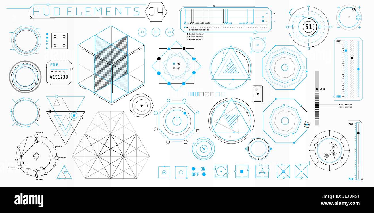 Eine Reihe von geometrischen HUD-Elementen für eine futuristische Schnittstelle. Stock Vektor