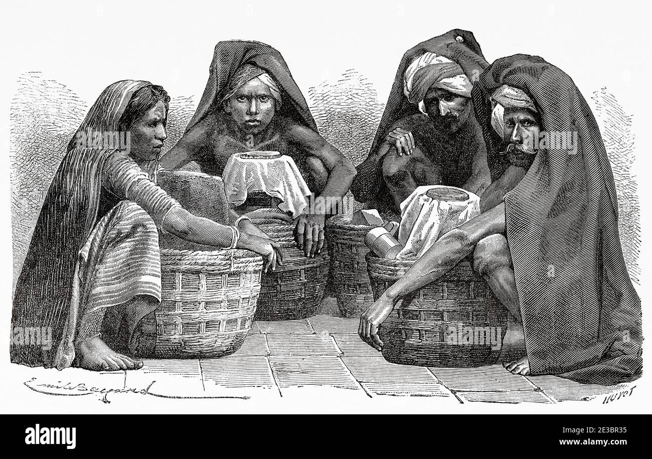 Porträt von Milchverkäufern in Madras, Indien. Alte Gravurillustration aus El Mundo en la Mano 1878 Stockfoto