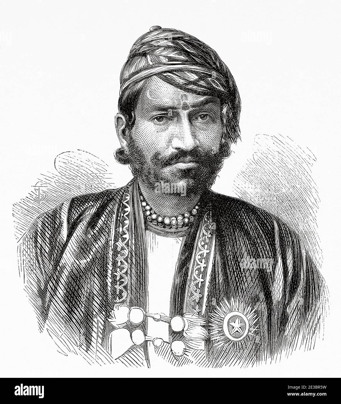 Porträt von Maharajah Sawai RAM Singh II, Maharajah von Jaipur, Indien. Alte Gravurillustration Prinz von Wales Albert Edward Tour von Indien. El Mundo en la Mano 1878 Stockfoto