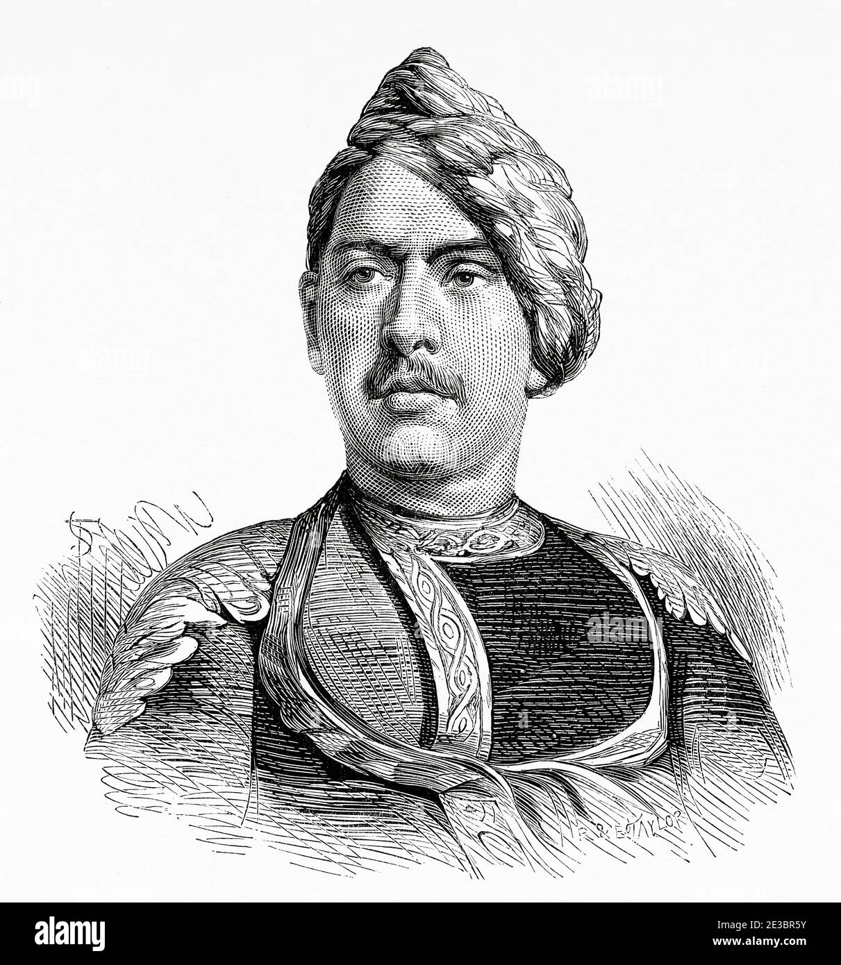 Porträt von Jaswant Singh, Maharaja von Bharatpur, Indien. Alte Gravurillustration Prinz von Wales Albert Edward Tour von Indien. El Mundo en la Mano 1878 Stockfoto