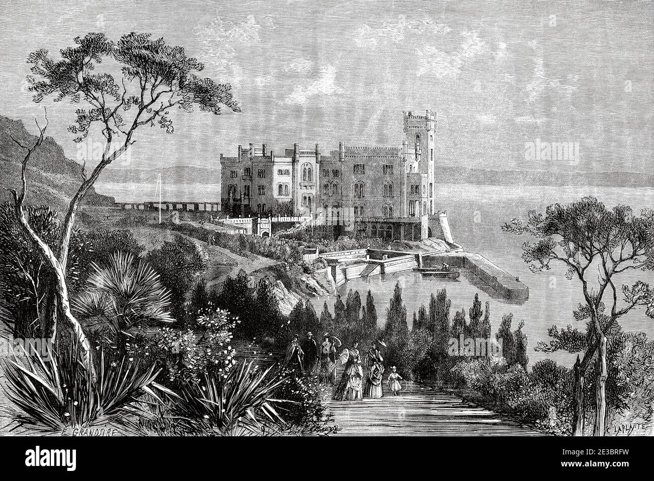 Schloss Miramare, Residenz des österreichischen Erzherzogs Ferdinand Maximilian, Triest, Italien. Europa, Altgravur Illustration Reise nach Istrien & Dalmatien 1874 von Charles Yriarte Stockfoto