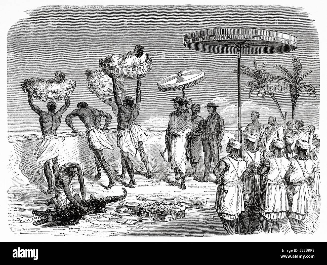 Opferopfer warfen sich von der königlichen Palastterrasse, Dahomey, Zentralafrika, Alte 19. Jahrhundert gravierte Illustration, Le Tour du Monde 1863 Stockfoto
