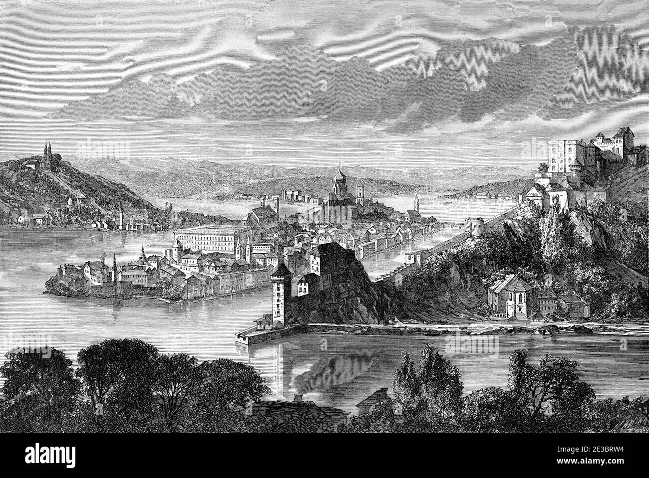 Blick auf Passau an der Donau, Niederbayern, Deutschland Europa. Alte gravierte Illustration aus dem 19. Jahrhundert, Le Tour du Monde 1863 Stockfoto