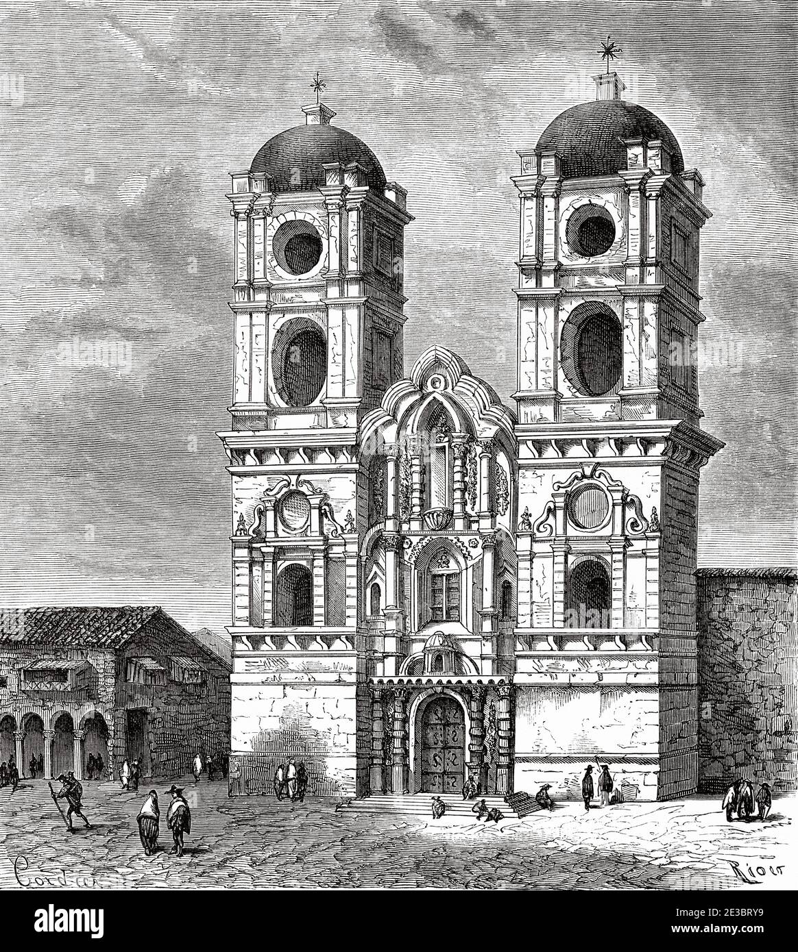 Kirche der Gesellschaft Jesu an der Plaza de Armas, in der alten Amarucancha, die der Palast der Inka Huayna Cápac, Cusco 19. Jahrhundert gebaut. Peru, Südamerika. Alte gravierte Illustration aus dem 19. Jahrhundert, Le Tour du Monde 1863 Stockfoto