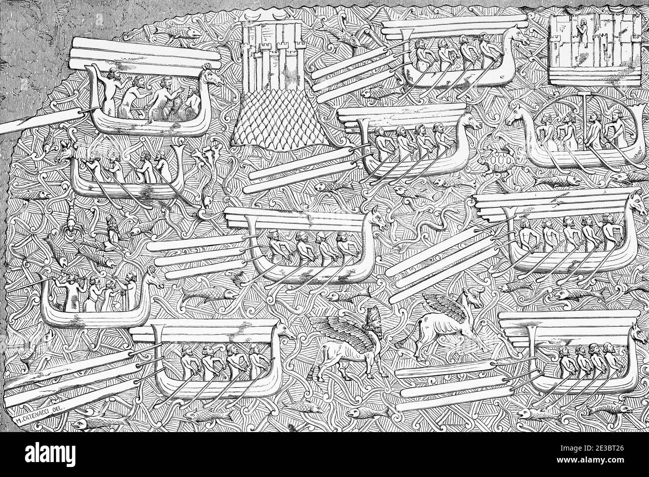 Bas-Relief Assyrer im Louvre Museum, Paris. Frankreich Europa. Alte gravierte Illustration aus dem 19. Jahrhundert, Le Tour du Monde 1863 Stockfoto