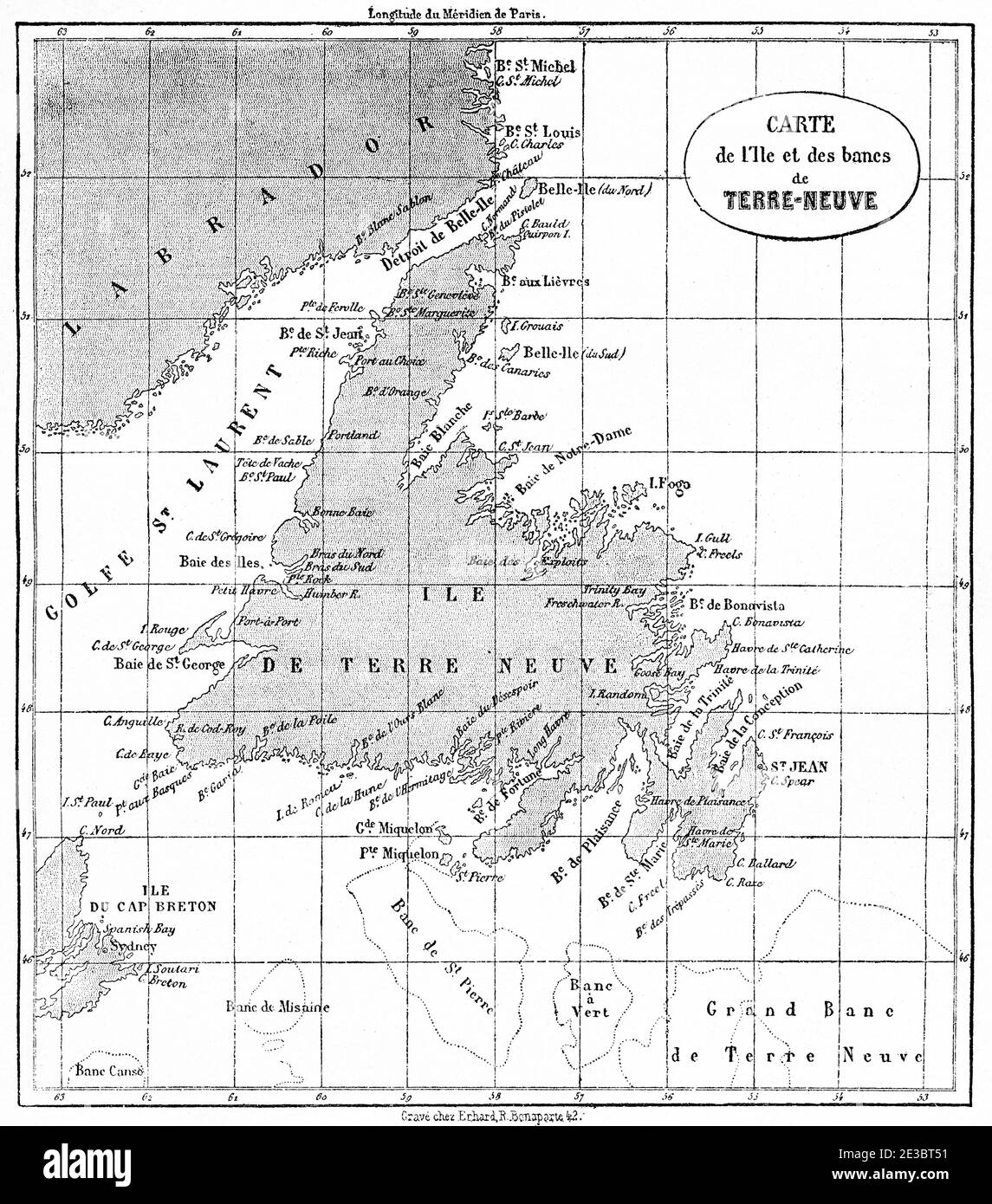 Terra Nova Neufundland Island and Fishing Banks Map, Neufundland & Labrador, Kanada. Alte gravierte Illustration aus dem 19. Jahrhundert, Le Tour du Monde 1863 Stockfoto