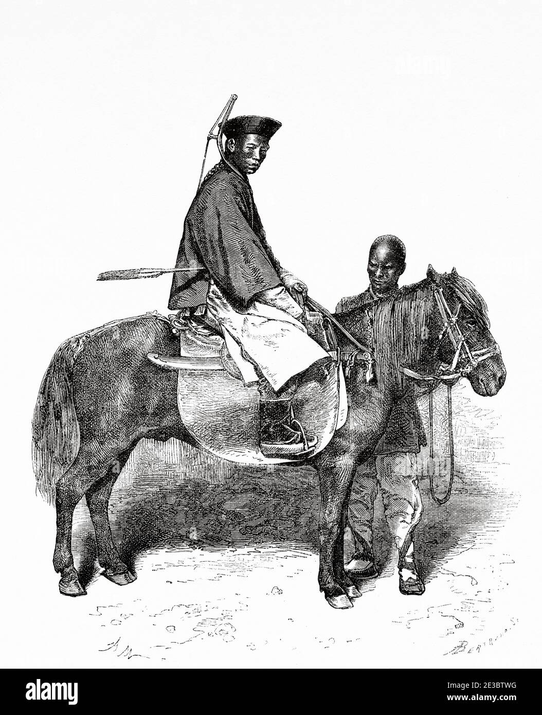 Tatarischer Whipper-in Krieger auf einem Pferd, China. Alte 19. Jahrhundert gravierte Illustration, Reise nach Peking und Nordchina 1873 Stockfoto