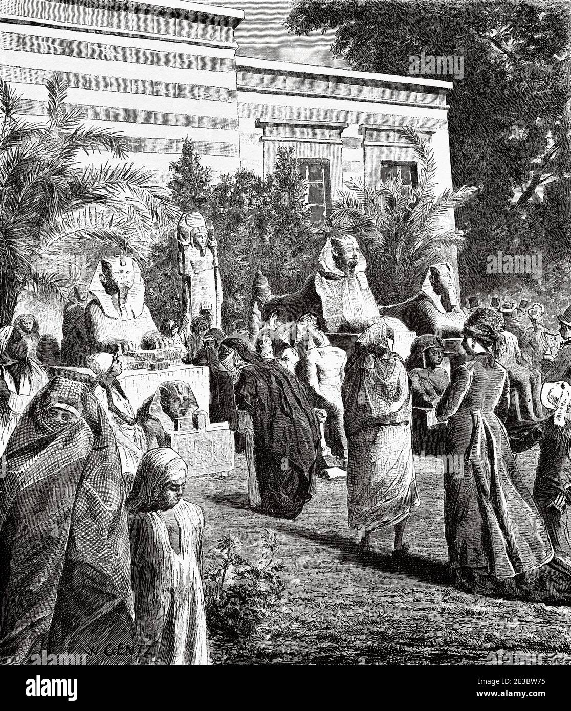 Portikus des Museums für Altertümer von Boolak, Altes Ägypten. Alte Illustration aus dem 19. Jahrhundert, El Mundo Ilustrado 1880 Stockfoto