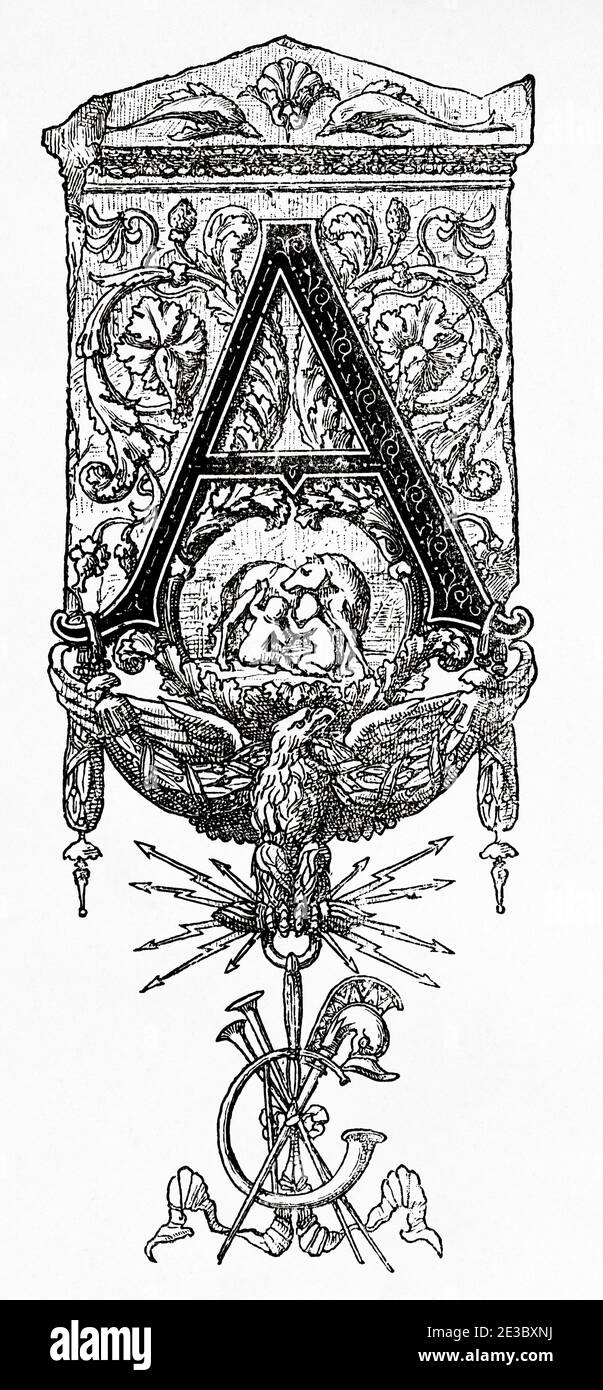 Design des 19. Jahrhunderts, Anfangsbuchstabe A. Alte gravierte Illustration des 19. Jahrhunderts, El Mundo Ilustrado 1880 Stockfoto