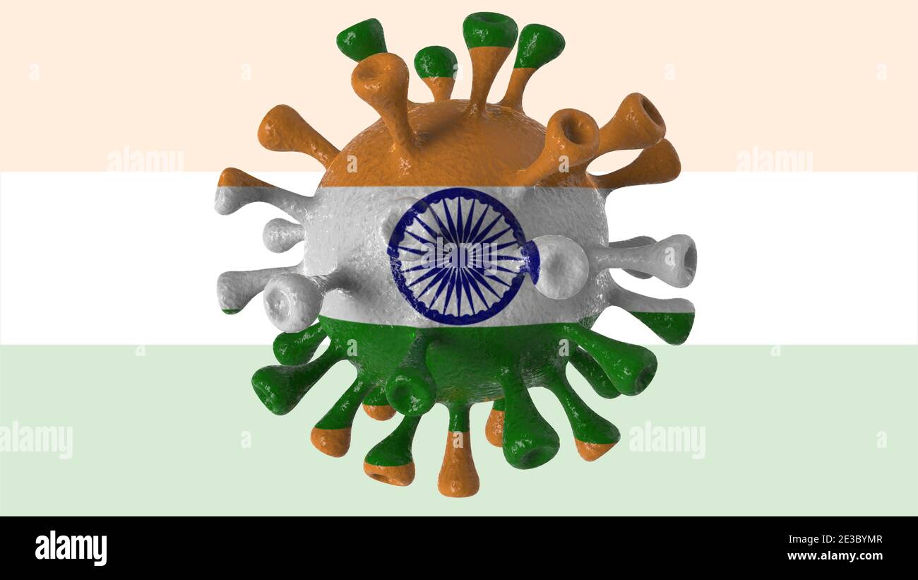 Covid Indien und indische Variante isoliert auf weißem Hintergrund, covid-19 Virus mit Flagge. Stockfoto