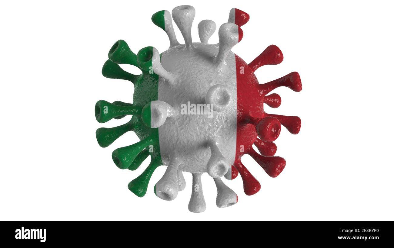 Covid Italien und italienische Variante isoliert auf weißem Hintergrund, covid-19 Virus mit Flagge. Stockfoto