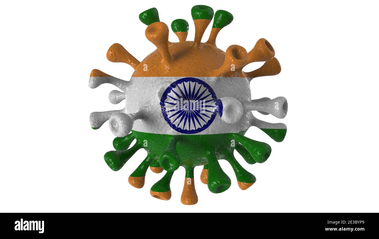 Covid Indien und indische Variante isoliert auf weißem Hintergrund, covid-19 Virus mit Flagge. Stockfoto