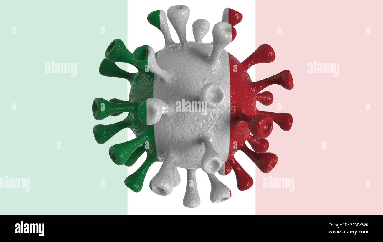 Covid Italien und italienische Variante isoliert auf weißem Hintergrund, covid-19 Virus mit Flagge. Stockfoto