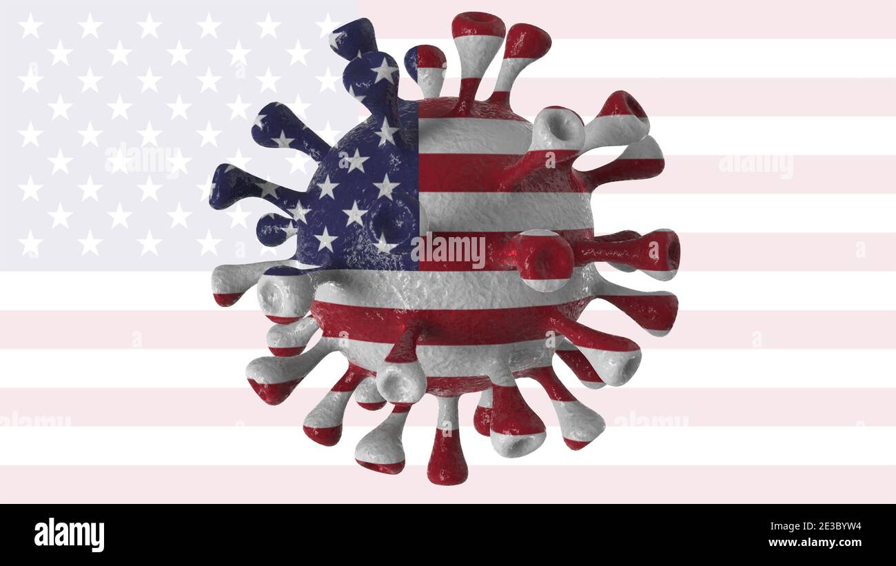 Covid USA und amerikanische Variante isoliert auf weißem Hintergrund, covid-19 Virus mit Flagge. Stockfoto