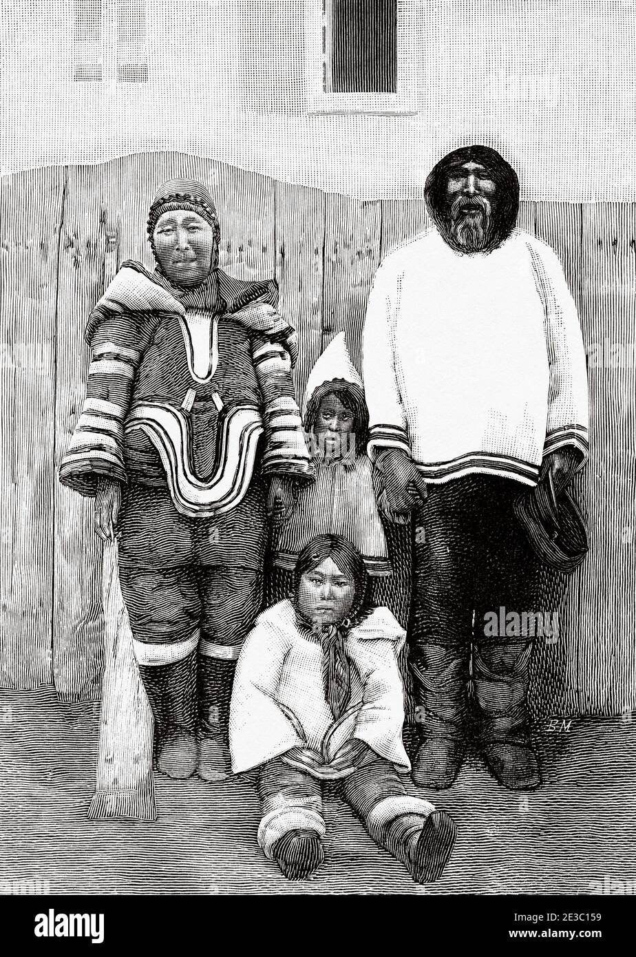 Eskimo Familie in traditioneller Kleidung, Neufundland und Labrador, Nordkanada. Von La Ilustracion Española y Americana 1895 Stockfoto