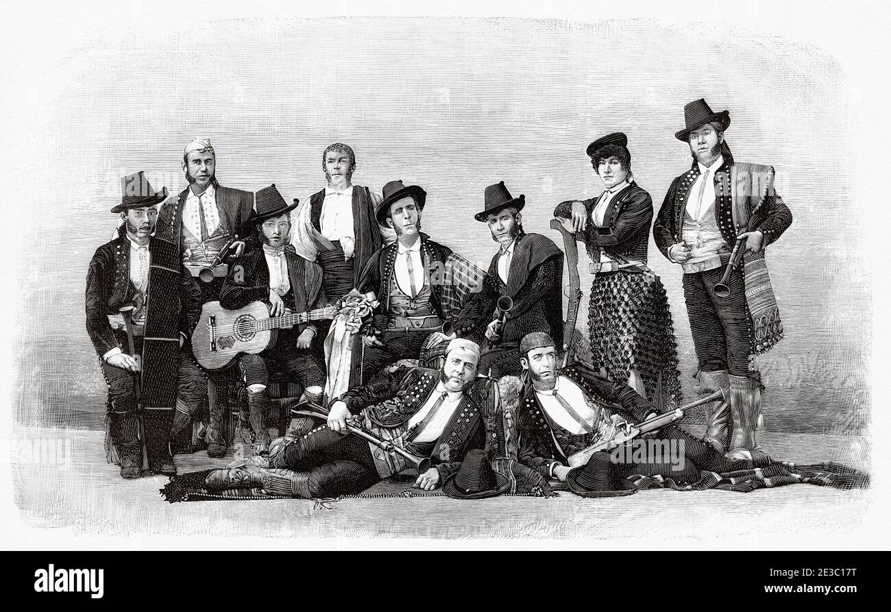 Traditioneller Madrider Karneval aus dem 19. Jahrhundert. Andalusische Truppe von sevillanischen Banditen in traditioneller Kleidung spanischer Banditen. Spanien, Europa. Von La Ilustracion Española y Americana 1895 Stockfoto