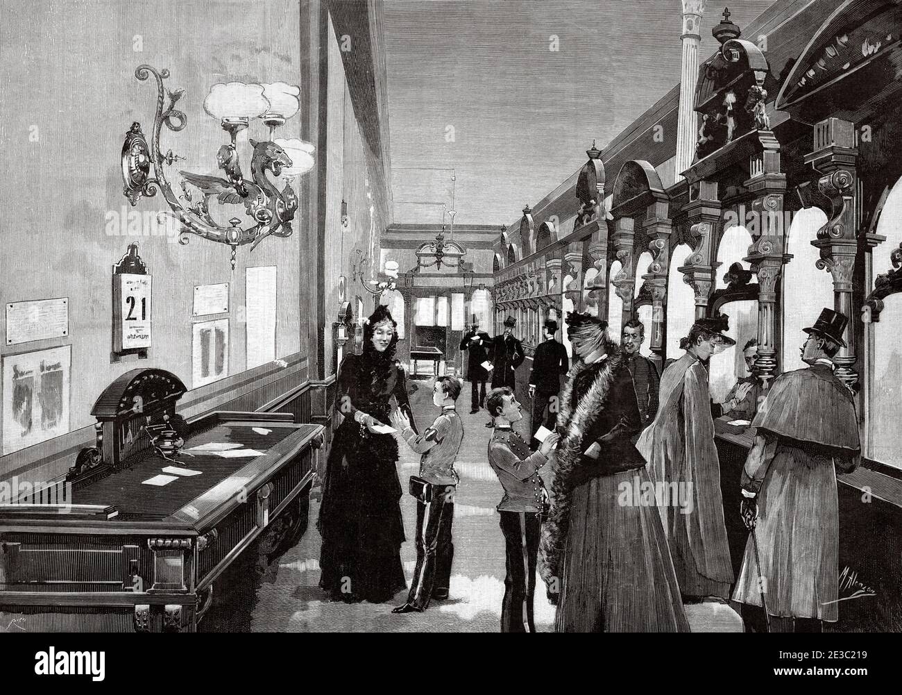 Im Jahr 1890 eröffnete Continental Express das Äquivalent einer aktuellen Kurierfirma in Madrid, Spanien. Alte XIX Jahrhundert gravierte Illustration von La Ilustracion Española y Americana 1890 Stockfoto