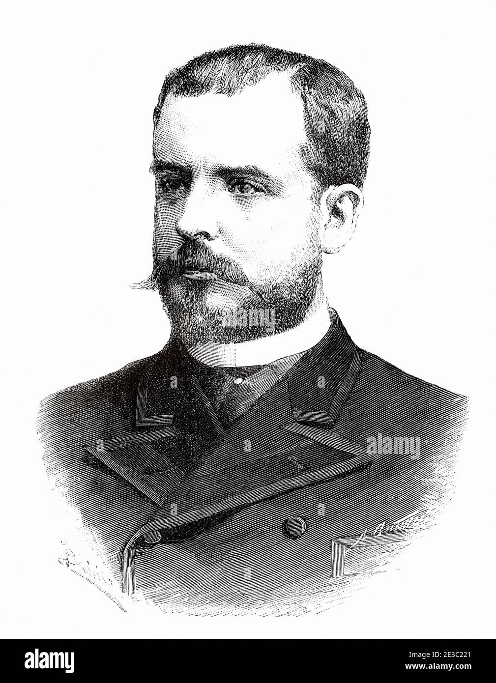 Porträt von Enrique Dupuy de Lom (1851 - 1904) spanischer Botschafter in den Vereinigten Staaten. Er verspottete US-Präsident William McKinley, der zum Spanisch-Amerikanischen Krieg beitrug, der am 25. April 1898 in Spanien begann. Alte XIX Jahrhundert gravierte Illustration von La Ilustracion Española y Americana 1890 Stockfoto