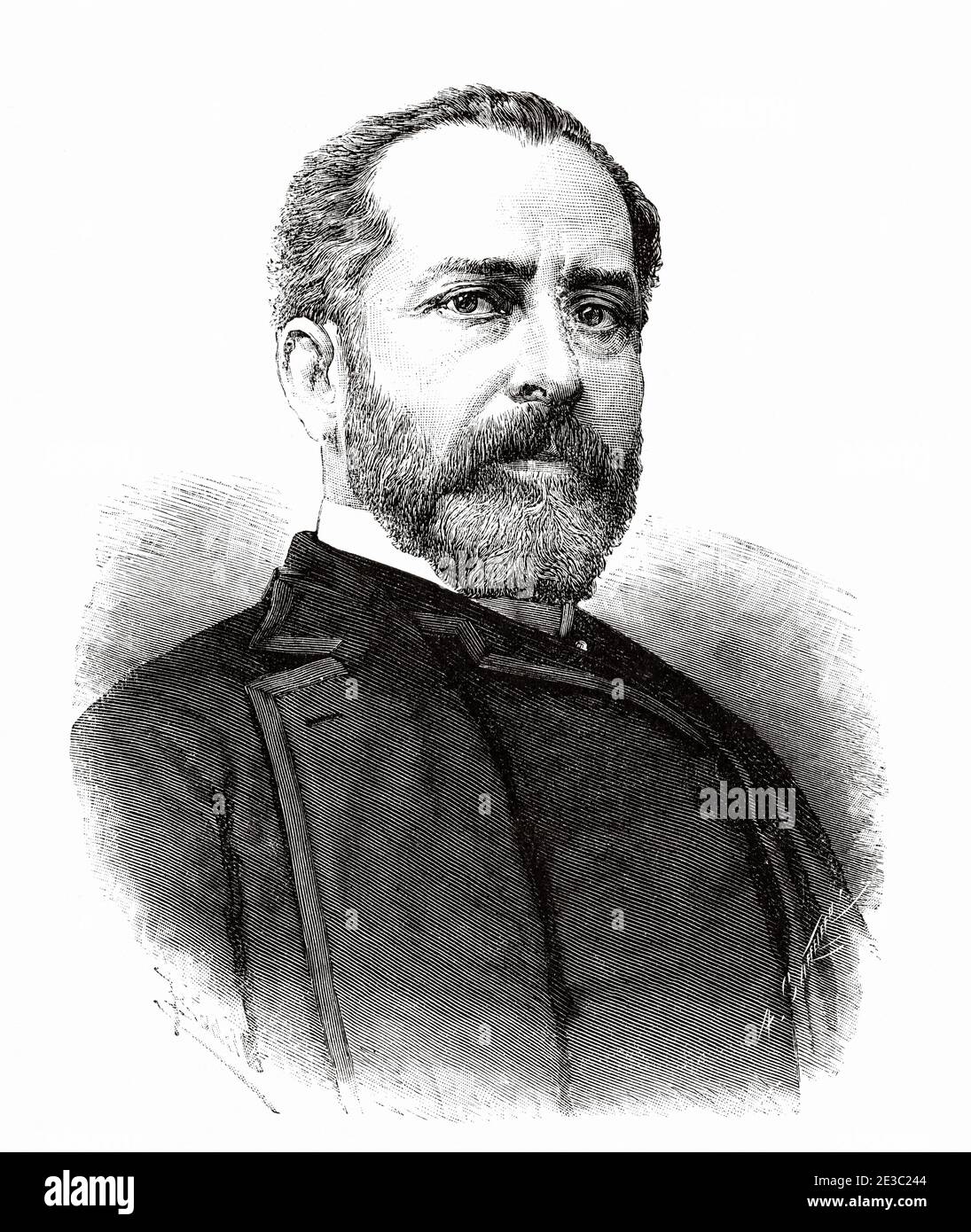 Porträt von Eleuterio Maisonnave y Cutayar (Alicante 1840 - Madrid 1890) Spanischer Politiker, Mitglied der möglichen Republikanischen Partei, Abgeordneter von Cortes, Innenminister während der Ersten Republik und Bürgermeister von Alicante, Spanien. Alte XIX Jahrhundert gravierte Illustration von La Ilustracion Española y Americana 1890 Stockfoto