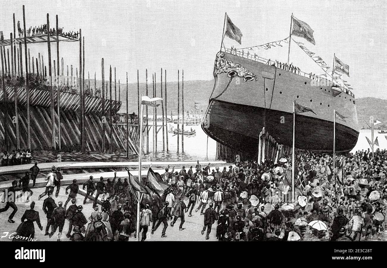 Start des Panzerkreuzers Infanta María Teresa in der Werft Nervion, Bilbao am 30. August 1890. Es war das Flaggschiff der Mannschaft von Admiral Cervera während des Cub-Krieges, versenkt in Santiago de Cuba im Jahr 1898 während der Seeschlacht von Santiago de Cuba, Spanien. Alte XIX Jahrhundert gravierte Illustration von La Ilustracion Española y Americana 1890 Stockfoto