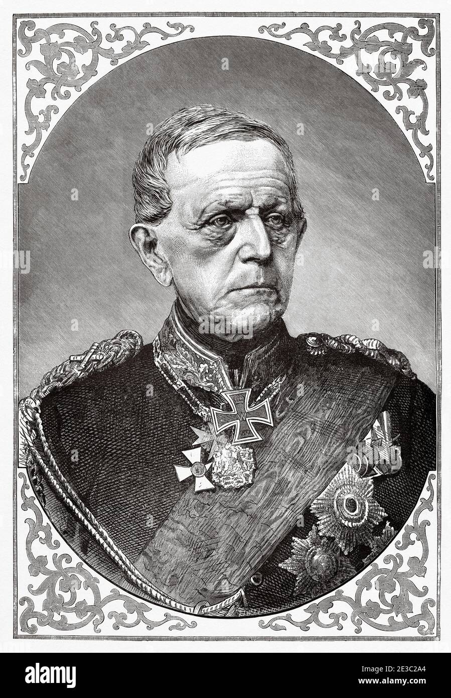 Porträt von Helmuth Karl Bernhard Graf von Moltke (1800 - 1891) Deutscher Feldmarschall, Chef des preußischen Generalstabs, bekannt als Moltke der Ältere, Deutschland. Alte XIX Jahrhundert gravierte Illustration von La Ilustracion Española y Americana 1890 Stockfoto