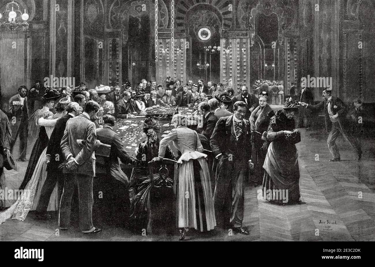 Rien ne va plus. Roulette spielen in der Spielhalle des Casinos Monte Carlo, Monaco, 1890. Alte XIX Jahrhundert gravierte Illustration von La Ilustracion Española y Americana 1890 Stockfoto
