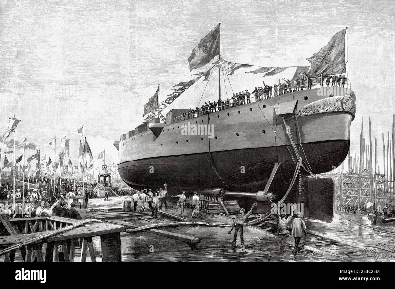 Start des Panzerkreuzers Infanta María Teresa in der Werft Nervion, Bilbao am 30. August 1890. Es war das Flaggschiff der Mannschaft von Admiral Cervera während des Cub-Krieges, versenkt in Santiago de Cuba im Jahr 1898 während der Seeschlacht von Santiago de Cuba, Spanien. Alte XIX Jahrhundert gravierte Illustration von La Ilustracion Española y Americana 1890 Stockfoto