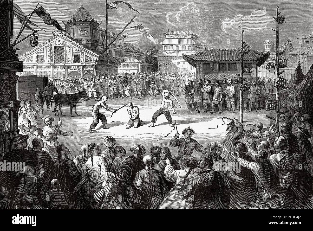 Öffentliche Hinrichtung in Peking, China. Alte XIX Jahrhundert gravierte Reise von Shanghai nach Moskau Le Tour du Monde 1864 Stockfoto