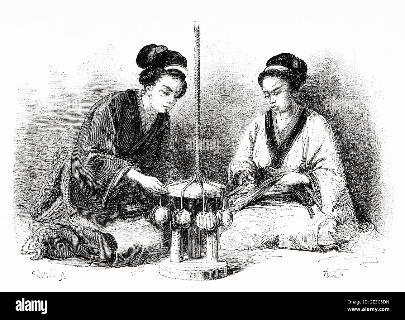 Frauen verwebt Seidenschnüre, Japan. Alte Illustration aus dem 19. Jahrhundert Reise nach Japan von Aime Humbert aus El Mundo en La Mano 1879 Stockfoto