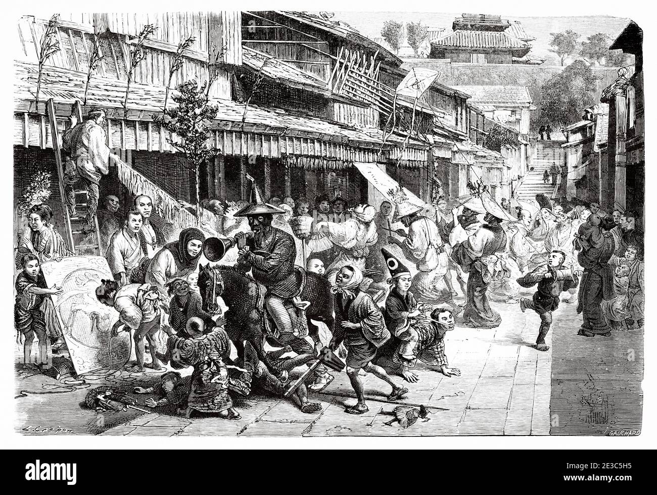 Menschen feiern auf einer Tokyo Straße am Neujahrstag, Japan. Alte Illustration aus dem 19. Jahrhundert Reise nach Japan von Aime Humbert aus El Mundo en La Mano 1879 Stockfoto