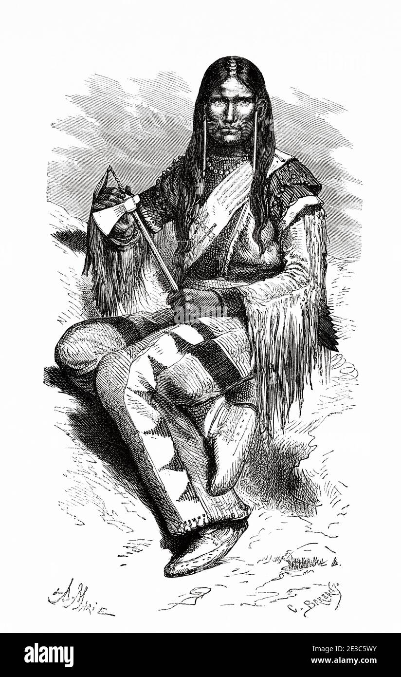 Porträt eines indischen Kriegers aus dem Schlangenstamm, Vereinigte Staaten von Amerika. Alte eingravierte Illustration des 19. Jahrhunderts. Reise von Washington nach San Francisco mit Louis Laurent Simonin von El Mundo en La Mano 1879 Stockfoto