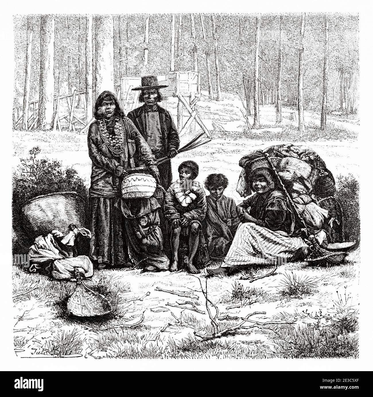 Indianerchef der kalifornischen Ureinwohner und seine Familie, Vereinigte Staaten von Amerika. Alte eingravierte Illustration des 19. Jahrhunderts. Reise von Washington nach San Francisco mit Louis Laurent Simonin von El Mundo en La Mano 1879 Stockfoto