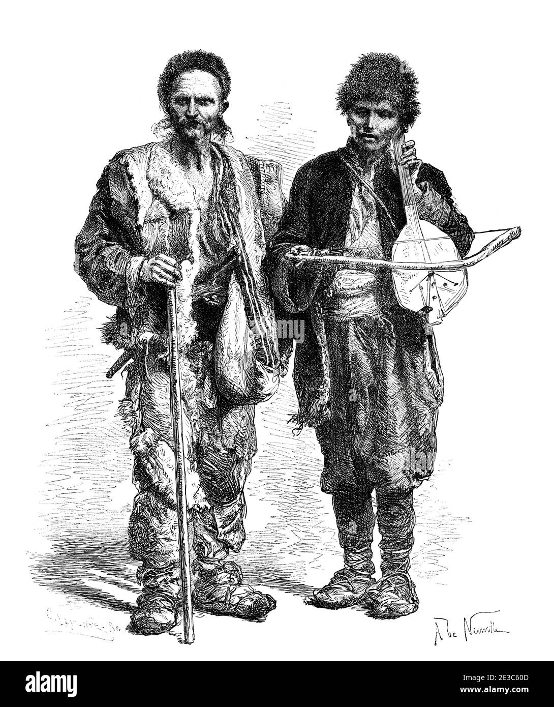 Bulgarische Bettler, Bulgarien. Alte eingravierte Illustration des 19. Jahrhunderts. Reise nach Bulgarien mit Guillaume Lejan von El Mundo en La Mano 1879 Stockfoto