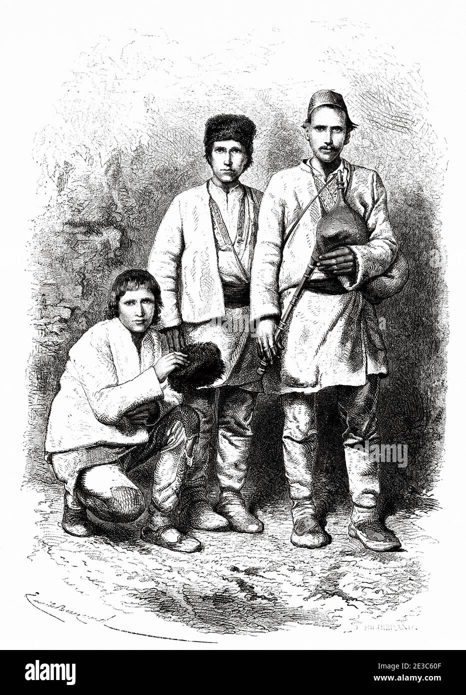 Bulgarische Bauern aus Samakov, Bulgarien. Alte eingravierte Illustration des 19. Jahrhunderts. Reise nach Bulgarien mit Guillaume Lejan von El Mundo en La Mano 1879 Stockfoto