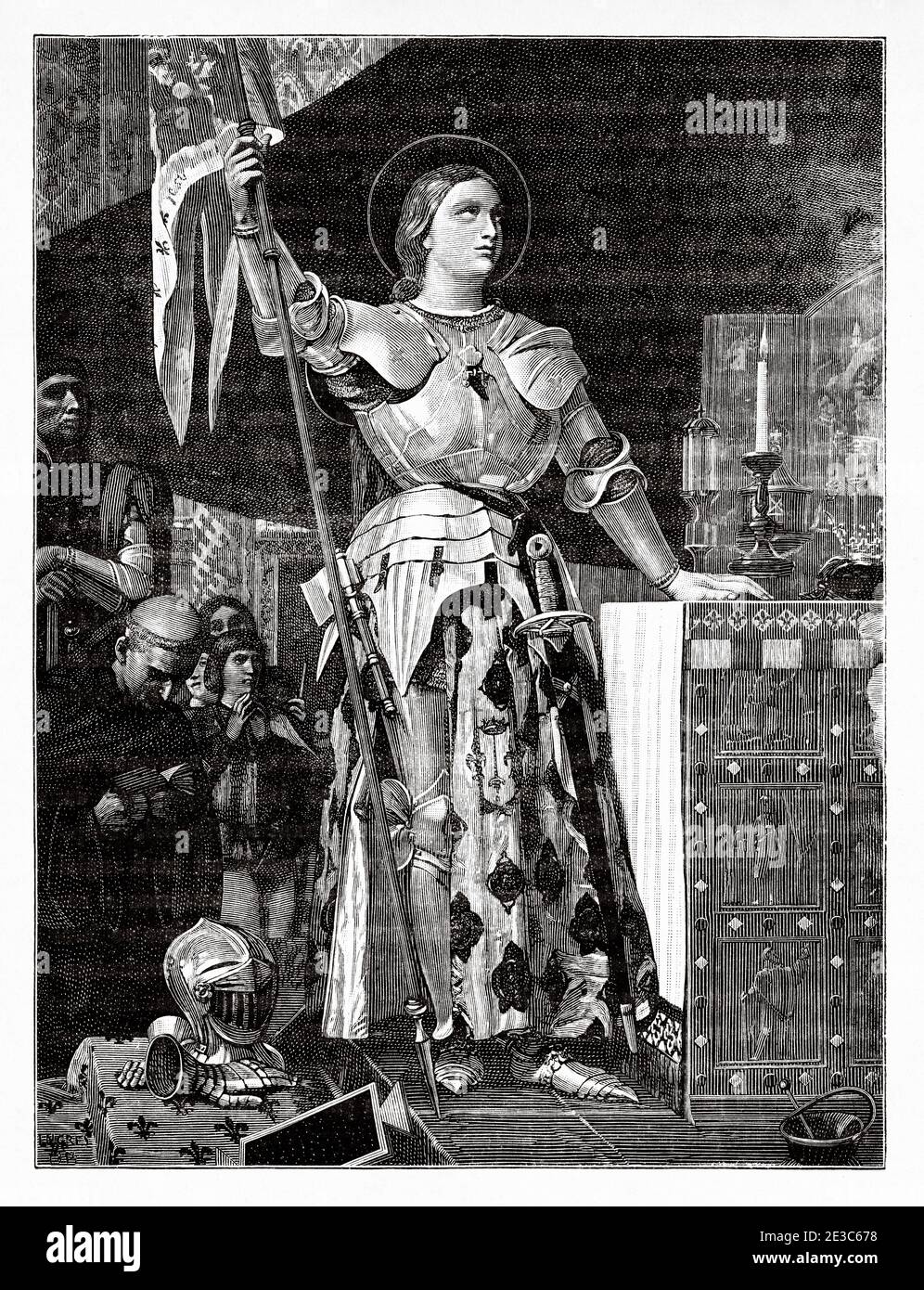 Porträt der Jeanne d'Arc bei der Krönung Karls VII. In der Kathedrale von Reims. Jeanne d'Arc (1412-1431) hat den Spitznamen die Jungfrau von Orleans. La Pucelle d’Orléans. Heldin von Frankreich für ihre Rolle während der Lancaster Phase des Hundertjährigen Krieges, und wurde als katholische heilige heilig gesprochen. Verbrannt auf dem Scheiterhaufen am 30. Mai 143. Symbol der Katholischen Liga. Nationales Symbol von Frankreich durch Beschluss von Napoleon Bonaparte.Seliggesprochen im Jahr 1909 und heilig gesprochen im Jahr 1920. Frankreich. Les Français Illustres von Gustave Demoulin 1897 Stockfoto